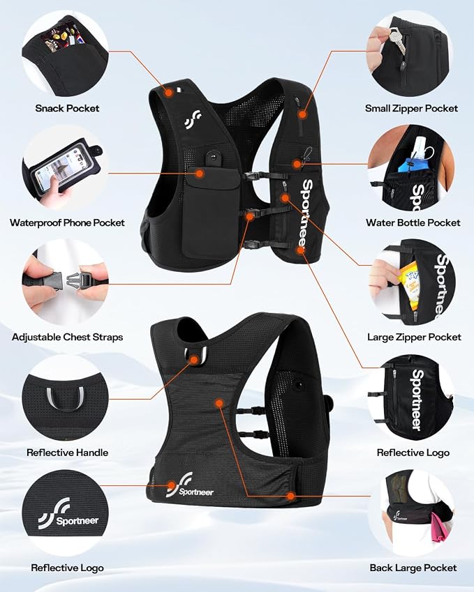 Sportneer Running Vest: Hydration Vest with 500ML Soft Flask, Lightweight Breathable Zero-Bounce Running Backpack for Men Women, Fits 7.2” Phone, Reflective, Ideal for Marathon Trail Training