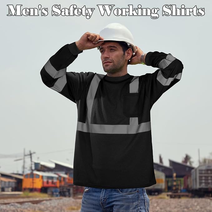 Amylove 4 Pcs Long Sleeve Safety Shirt High Visibility Reflective Construction Work Shirts for Men Women(XL,Black)