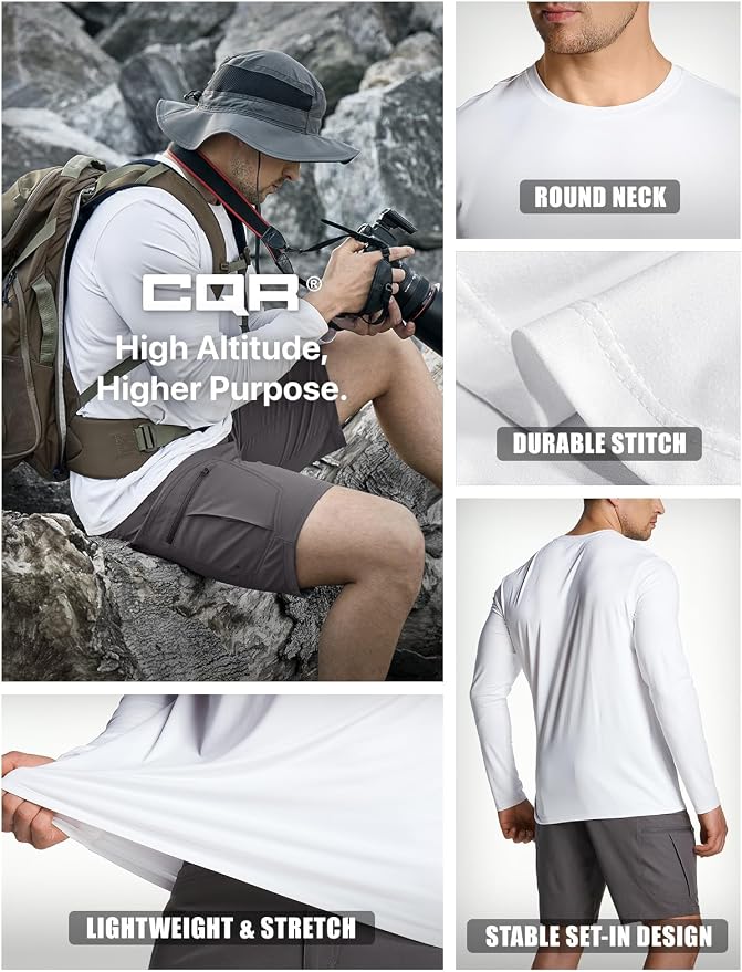 CQR Men's UPF 50+ Sun Protection Long Sleeve Quick Dry Athletic Shirts, Stretch Running Workout Hiking T-Shirts