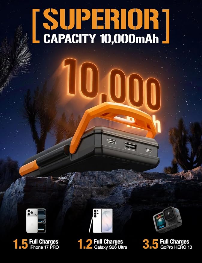 ToughTested 10,000mAh Solar Power Bank - Dual Foldable Solar Panels, 18W PD Fast Charging Portable Charger, IP44 Waterproof Battery Pack with 18 LED Flashlight - Essential Camping & Travel Gear