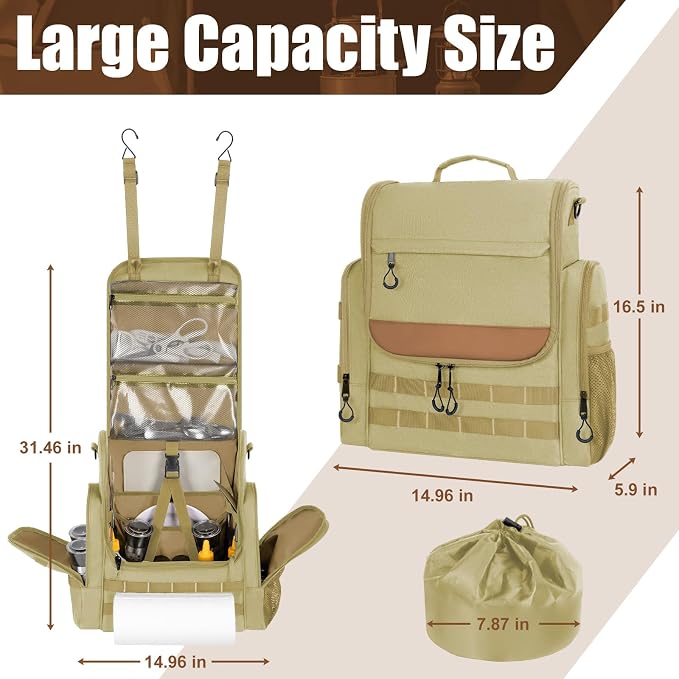 Large Camp Kitchen Organizer with Paper Towel Holder,Hanging Camping Storage Organizers with Metal Hook, Camping Utensil Bag for BBQ Cooking Essentials, With a Canvas Bag for Picnic Pot, Khaki