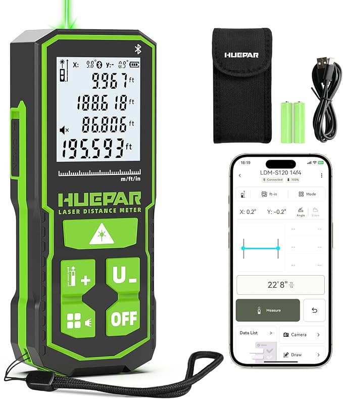 Huepar S60-G-BT Professional Bluetooth Laser Measuring Tool, 200ft | APP Control, Green Beam, ±1/16" High Accuracy, Rechargeable USB-C Laser Distance Meter, Angle Sensor, IP54, Gifts for Men