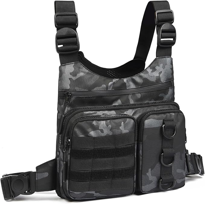 Criuage Outdoor Chest Bag for Men, Lightweight Adjustable Running Vest, Water Resistant EDC Chest Pack with Water Bottle Pocket, Breathable Back Pad for Hiking Cycling Fishing Travel (Camo)