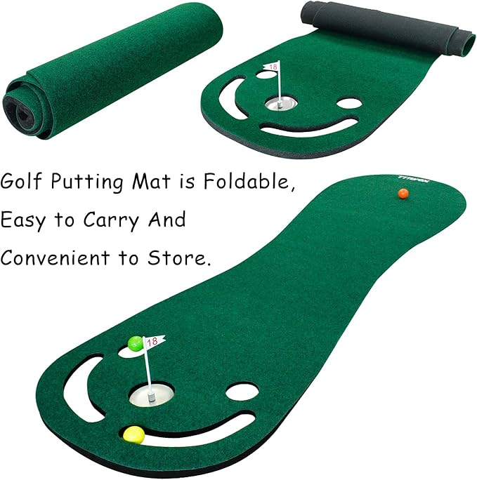 KOFULL Putting Green Mats Set - Indoor/Outdoor Golf Putting Practice or Golf Game with 78" x 24" Putting Mat, Adjustable Putter, 3 Balls, Training Aid Cup & Flags