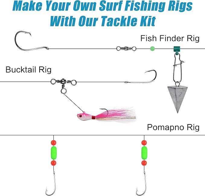 Surf Fishing Tackle Kit, 173pcs Saltwater Fishing Gear with Pyramid Sinkers Fish Finder Rigs High-Low Rigs Pompano Rigs Wire Leaders Hooks Bucktail Jig Lures for Striper Flounder Catfish
