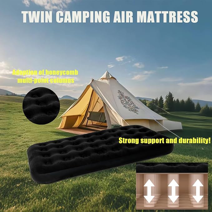 Onirii Twin Size Single Camping Air Mattress Bed with Air Pump | 75"x 39"Thickened Portable Inflatable Mattress Blow Up Air Mattress,Travel Sleeping Bed Pad for Camping Home Hiking(Black)