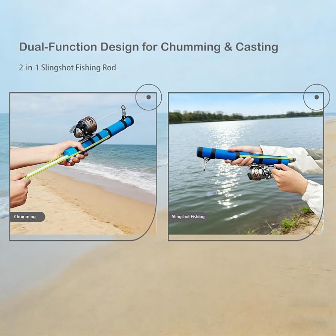 2-in-1 Portable Fishing Rod and Reel Combo with Bait Launcher – Backpack-Friendly Collapsible Shore Fishing Tool, All-in-One Fishing Kit with Lures Hooks Sinkers,Slingshot Fishing Reel