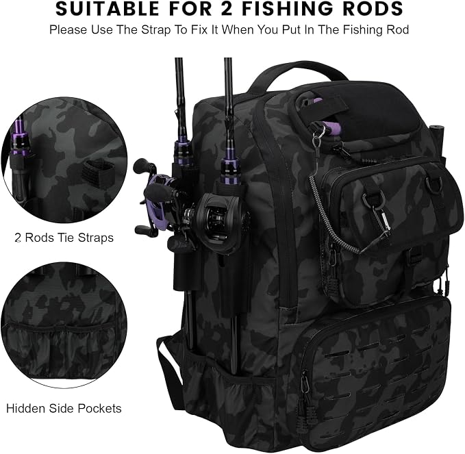 Hp hope Fishing Backpack with Rod Holders & Cooler, 40L Fishing Tackle Bag Fishing Tackle Storage Backpack Fishing Gear for Camping, Black Camo