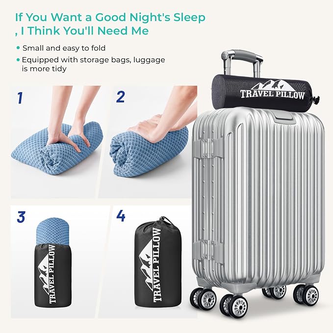 Travel Pillow Memory Foam Pillows, Dark Grey M Size, Blue M Size, Ideal Backpacking Hiking, Bed Pillows, Airplane and Car