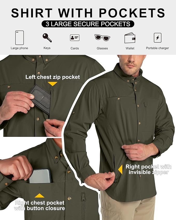 33,000ft Men's UPF 50+ UV Protection Long Sleeve Hiking Shirts Breathable Quick Dry Fishing Shirts for Safari, Outdoor