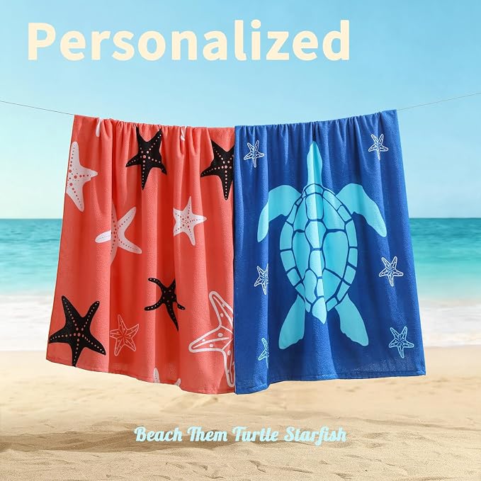 Belista Oversized Beach Towels 4 Pack,40”x70” Microfiber Thin Large Beach Towel Set for Adults Travel Camping Swimming,Turtle Starfish Them Sand Free Quick Dry Lightweight XL Pool Towels,Orange & Navy