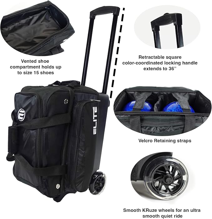 ELITE Deluxe 2 Ball Bowling Bag with 5" Smooth Wheels - Large Accessory Pocket, Shoe Compartment, 36" Extendable Handle