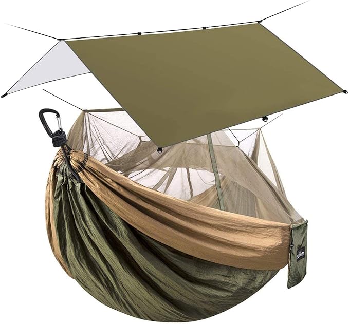 Sunyear Double Camping Hammock with Net & Sunyear Hammock Rain Fly Tent Tarp Provides Effective Protection Against Rain
