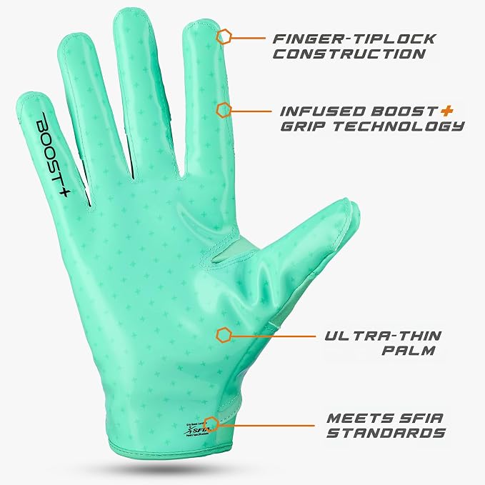 Grip Boost Football Gloves - Solid Stealth 6.0 Boost Plus Sticky Technology - Adult and Youth Football Gloves for Wide Receiver - Men's and Boys Sizes
