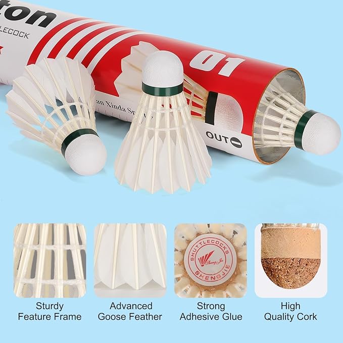 Goose Feather Badminton Shuttlecocks Birdies, 12 Pack Hight Speed Training Badminton Balls with Great Stability for Indoor Outdoor