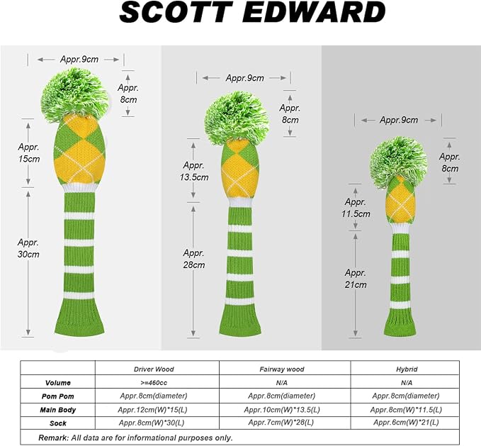Scott Edward Knit Golf Club Cover with a Pom Set of 5 Head Covers Protect Driver Wood(460cc) 1 Fairway Wood2 and Hybrid/UT2 with Rotating Club Number Tags