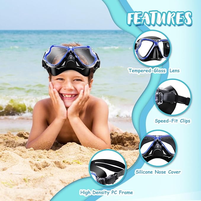 Snorkeling Gear for Kids, 4 in 1 Child Mask Fins Snorkel Set with Panoramic View Anti Fog Mask, Dry Top Snorkel, Trek Fins and Travel Bag, Kids Snorkeling Set with Fins for Snorkeling Swimming