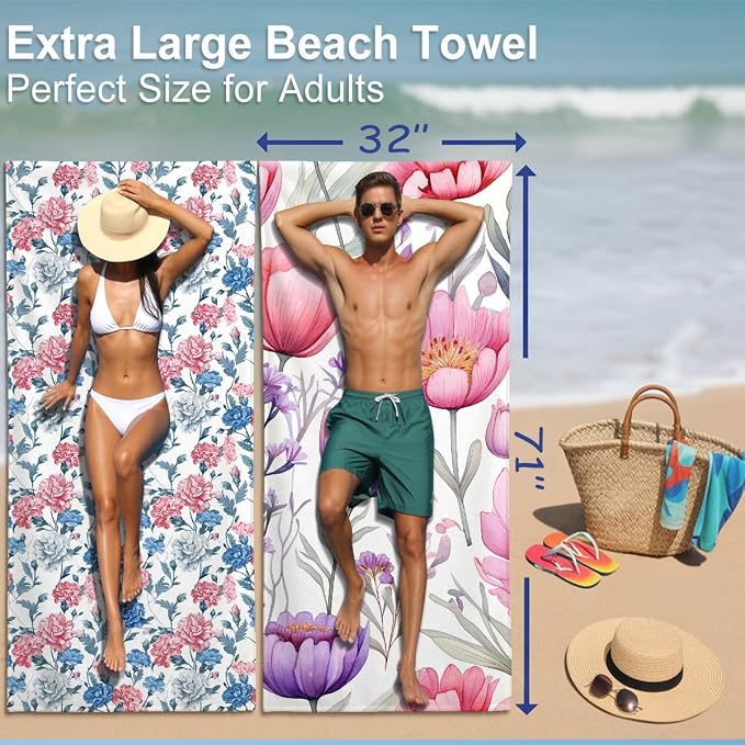 2 Pcs Microfiber Beach Towel Sand Free Quick Dry Oversized Lightweight Floral Watercolor Artistic Style Pink Purple Lavender White for Pool Travel 71 x 32 Inches