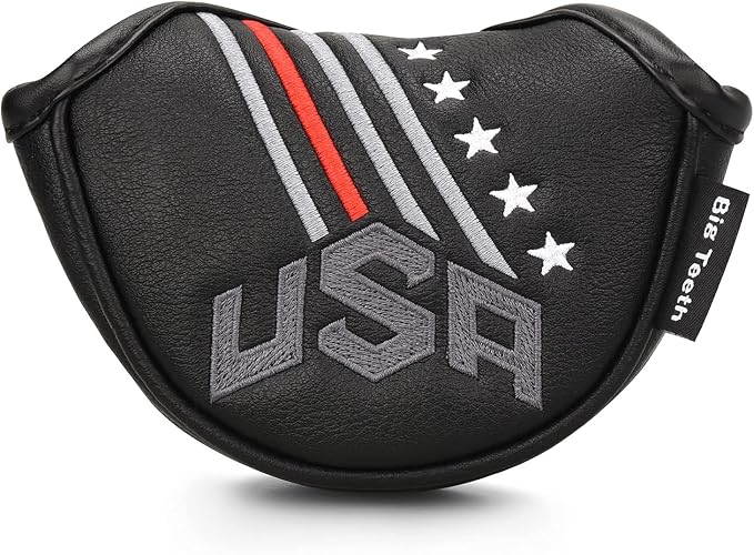 Big Teeth Golf Cover USA Stripe and Star Headcover Covers, Driver Fairway Wood Hybrid Headcovers Fits Blade Mallet Putter Iron and Woods with Magnetic Club Protector Pu Leather Golf Accessories