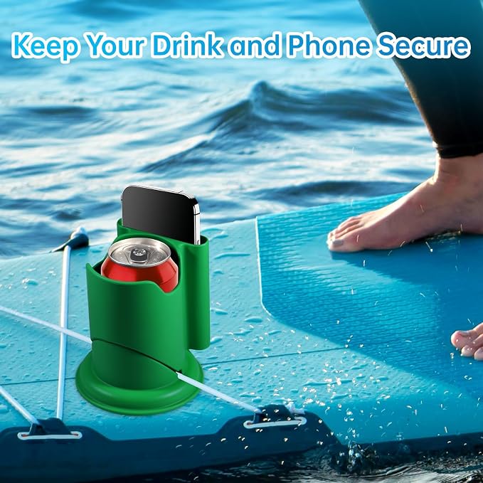 Paddle Board Cup Holder, Kayak Cup Holder 2-in-1 Drink & Phone Holder, Paddleboard and Kayak Accessories for SUP, Kayaking, Fishing, Yoga, or Surfing Adventures(Green)