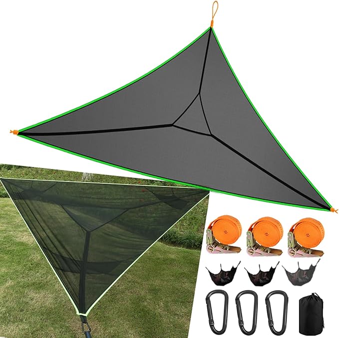 Triangle Hammock 13Ft Multi Person 3 Point Tree Hammock,Max 600LBs Extra Large Sky Camping Hammock for up to 2-4 Adults/Kids with 3 Ratchets/Straps/Net Pockets/Carabiners and Storage Bags-Black ﻿