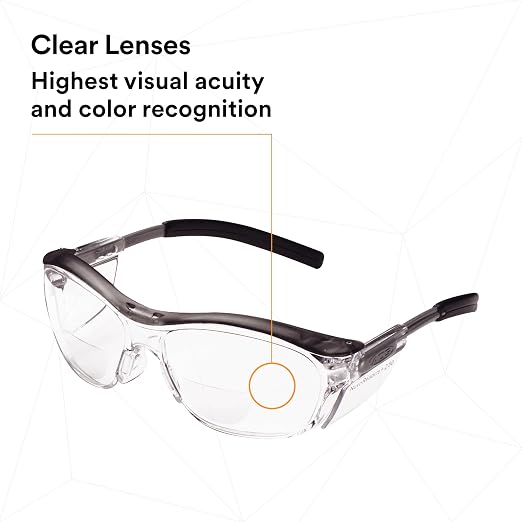 3M Safety Glasses with Readers, Nuvo Protective Eyewear, +2.5, ANSI Z87, Gray Frame, Clear Lens, Soft Nose Bridge, Side Shields