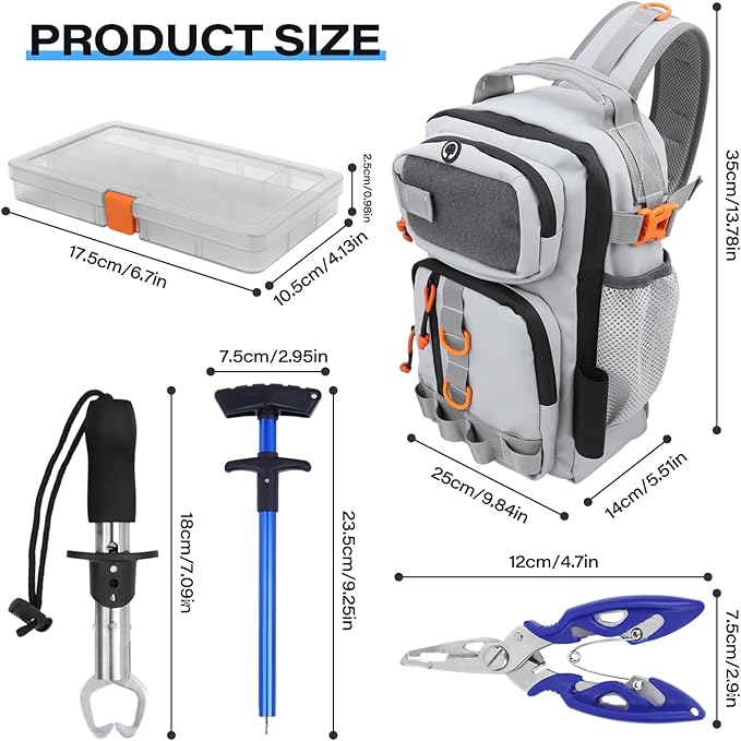 Fishing Backpack with Tackle Boxes,Waterproof Fishing Shoulder Bag with Rod Holder,Fish Bag with 136 Pcs Fishing Lures Kit,Fish Hook Remover Tool,Fish Lip Gripper,Fishing Plier,Gifts for Men (Gray)