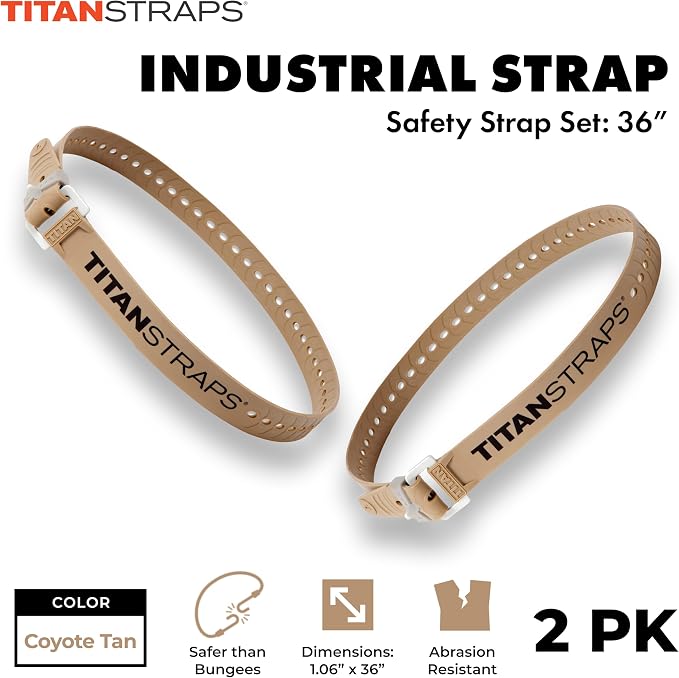 Titan Industrial Straps – Safety Strap Set to Secure Splits, Cargo Bikes, Garden Hoses, Wood Working Projects – 70 lb. Working Load, 36" Length, 2-Pack Coyote Tan