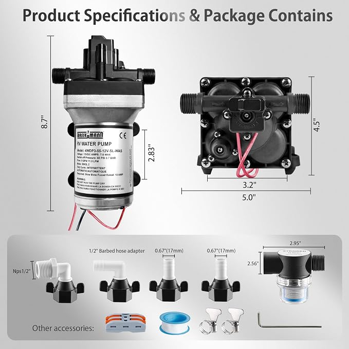 WASSERMANN RV Water Pump 12V DC 4008-101-A65/E65 Replacement, 3.0 GPM 55PSI, Quiet Water Pump for Camper RV Shower Garden Industrial Yacht Sprayer Food Truck Travel Trailer Water Pumps with Acessories