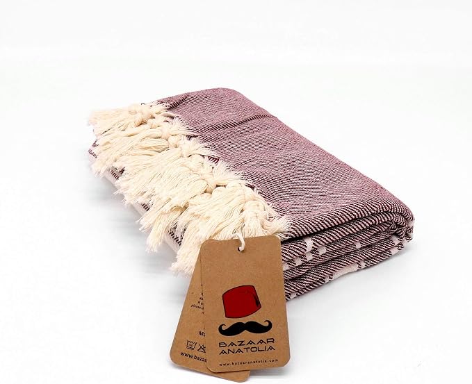 Bazaar Anatolia Turkish Beach Towel – 100% Cotton, Quick Dry, Sand Free Towel for Bathroom, Camping, Travel, Burgundy – Oversized 71x39 Inches – Stripe Maroon