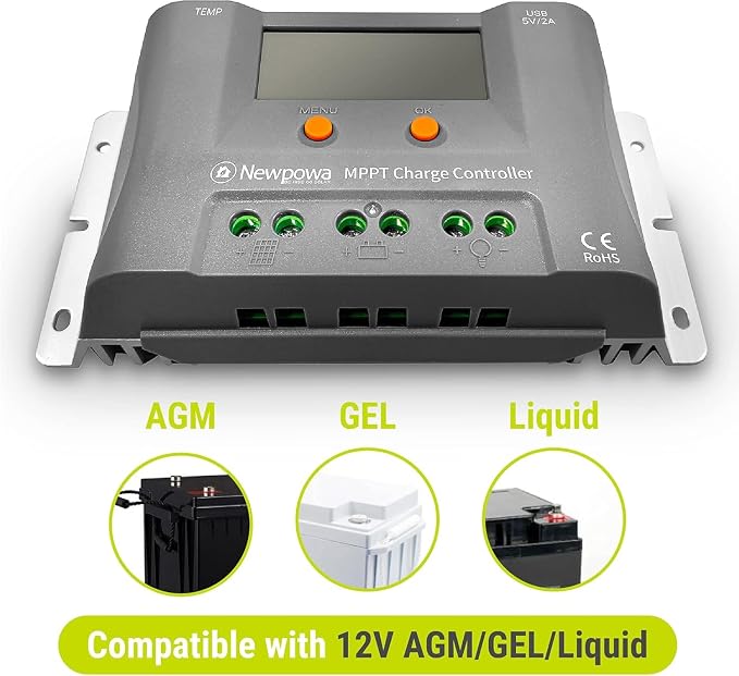 Newpowa 50W Watts 12V 10BB Mono Solar Panel Off Grid Solar Charge Kit 50 Watt 12 Volt Solar Panel+10A MPPT Charge Controller+8ft Cord for Connecting Controller to Battery Alligator Clamp