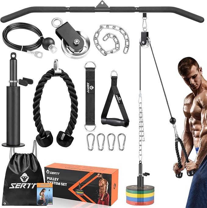 SERTT Cable Pulley System Gym, Power Rack Pulley Attachment with 2-in-1 LAT Pull Down Bar and Upgraded Loading Pin,Used for Triceps Pulldown, Biceps, Back, Shoulder