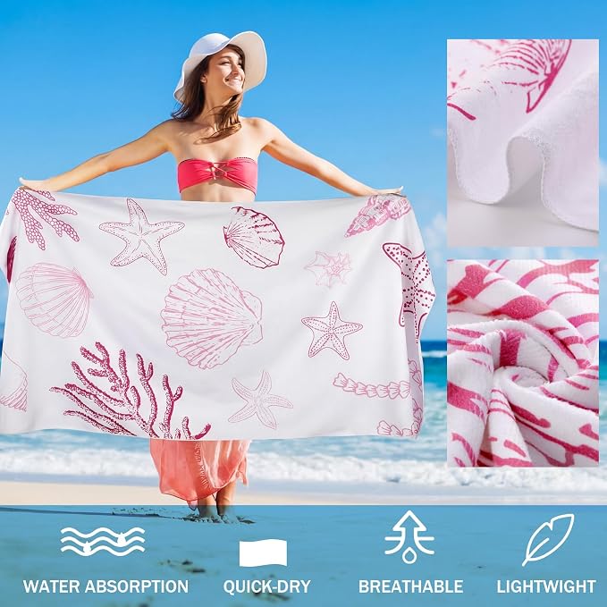 Tegeme 4 Pack Coastal Seashell Microfiber Thin Beach Towel Lightweight 71x36 Oversized Extra Large Sand Free Towels Quick Dry for Travel Pool Yoga Sports Beach Accessories Vacation Essential Gift