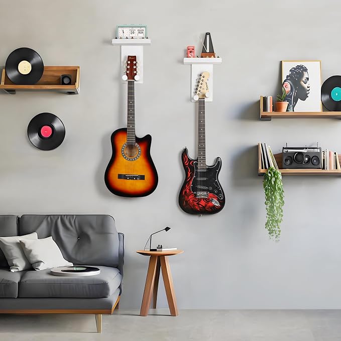 Keebofly Guitar Wall Mount Hangers with Rustic Wood Shelf - 2 Pack, Wall Stand Holder Hook Rack for Acoustic or Electric Guitar,Ukulele,Bass,White,[Patented]