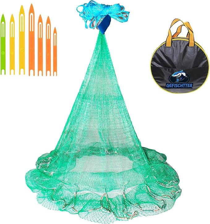 Saltwater Fishing Cast Net Eco-Friendly Rubber Sinker 1/2 Inches Mesh for Bait Shrimp Trap Fish Size 4FT/5FT/6FT/7FT/8FT/9FT/10FT/11FT/12FT Radius