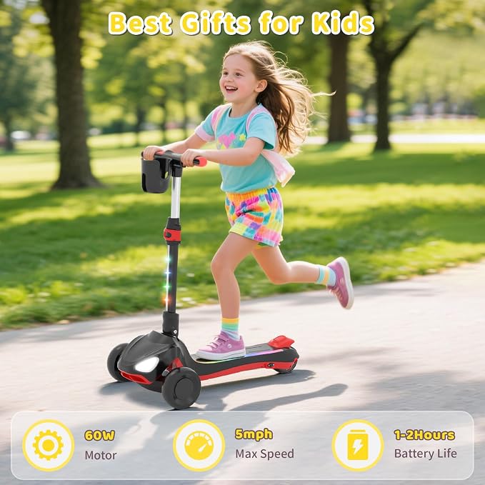 SIMATE Electric Scooter for Kids Ages 3+, 3 Wheel Balance Scooter, 3 Adjustable Heights, Foldable & LED Display & Thumb Throttle, Long Battery Life, Full Body Lights Up, Gift for Kids Boys Girls