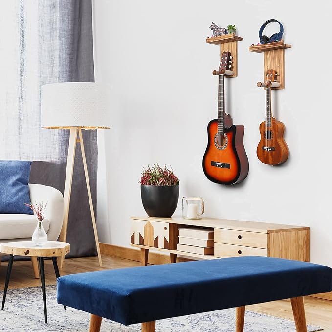 Keebofly Guitar Wall Hanger,2 Pack Guitar Wall Mount Holder Guitar Hanger Shelf with Pick Holder Solid Pine Wood Guitar Rack for Acoustic or Electric Guitar,Ukulele,Bass,Mandolin Brown，[Patented]