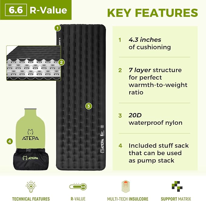 ATEPA ThermAir Pro Insulated Sleeping Pad for Backpacking, 6.6 R-Value 4” Thick Ultralight Quiet Camping Air Mattress with Pump Sack, Wide Long 77”x25”, 4-Season Sleeping Mat for Hiking Travel, Black