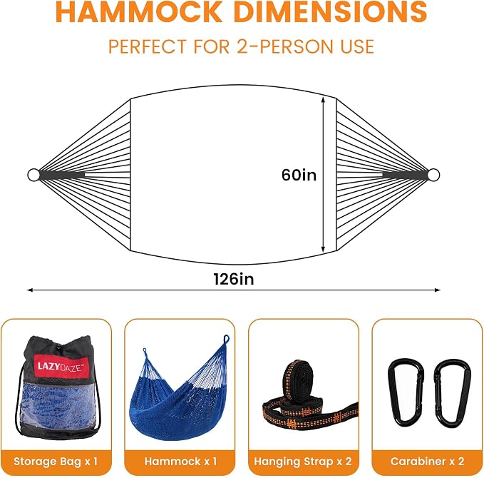 Lazy Daze Hammocks Handwoven XL Mayan Hammock, 10.5 FT Soft Rope Double Hammocks, Portable Outdoor Hammock with Carry Bag, 2 Straps & Carabiners for Patio Outside, 550 lbs Weight Capacity, Blue