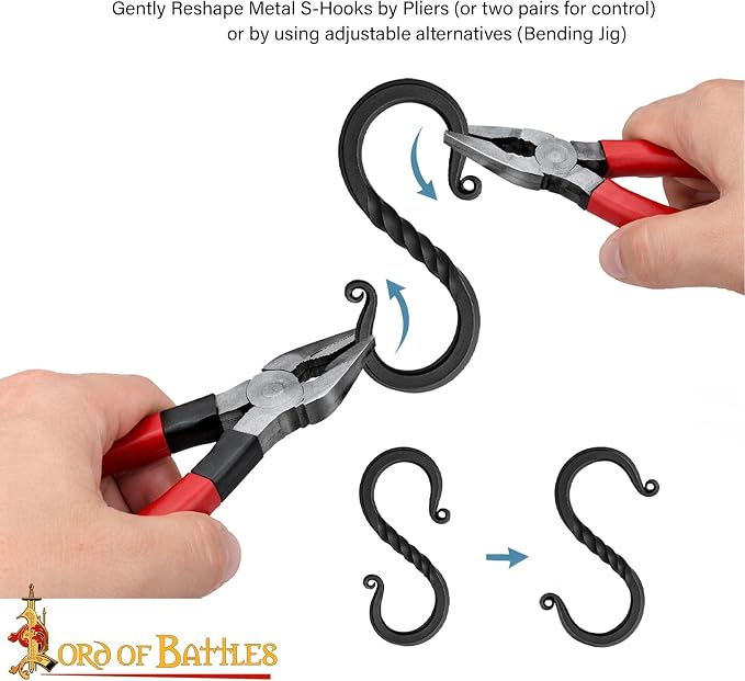 Lord of Battles Twisted Hand Forged Iron S-Hooks Set of 5 - Medieval Rustic Twisted Black S-Shaped Heavy Duty Hanging Hooks for Kitchen, Camping, Garden & Home