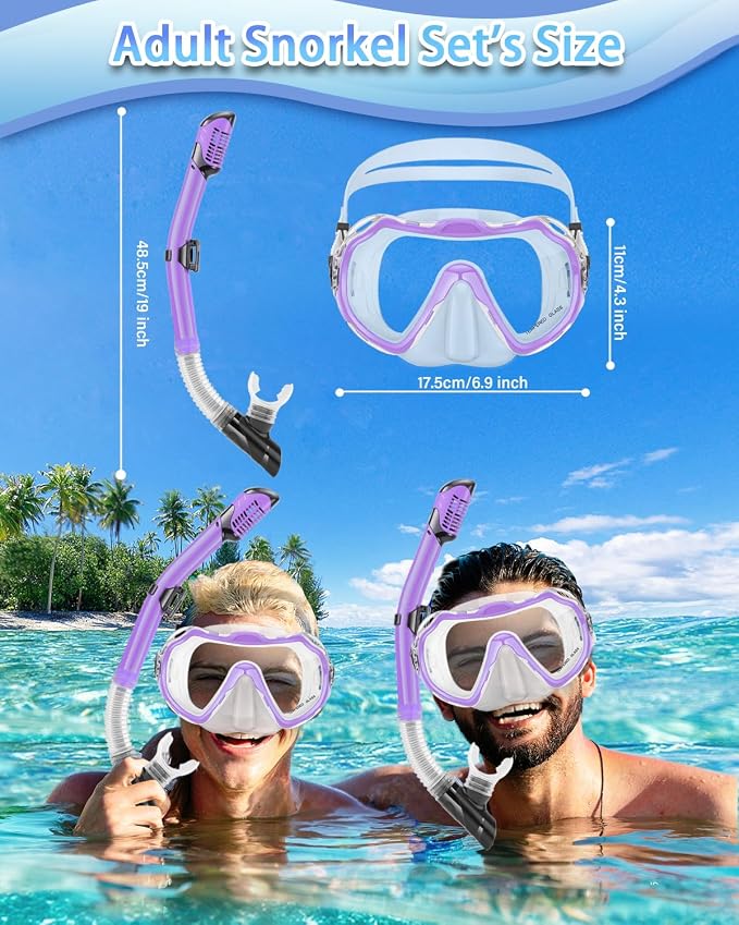 Snorkeling Gear for Adults, Adult Snorkel Set with Panoramic Anti-Leak and Anti-Fog Tempered Glass Snorkel Mask, Dry Top Snorkel, Snorkle Mask Set Adult with Mesh Bag Ear Plug for Snorkeling