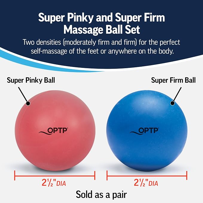 OPTP Massage Ball Set – Moderate and Firm Density Therapy Ball Set – Deep Tissue Massage Balls for Plantar Fasciitis, Sore Muscle Relief — Super Pinky Ball and Super Firm Ball (Pack of 2)