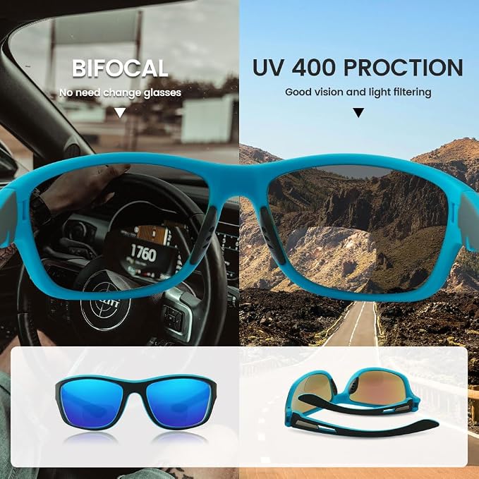 Mens Bifocal Sunglasses with Readers Built in, Wrap Around Bifocal Readers Sunglasses Reading Sun Glasses, Blue/Black