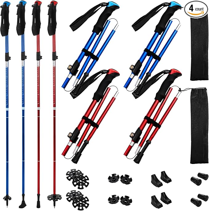 4 Pcs Trekking Poles Set, Collapsible Aluminum Hiking Poles, Adjustable Folding Trekking Sticks, Lightweight Travel Walking Sticks with Storage Bag for Adult Men Women