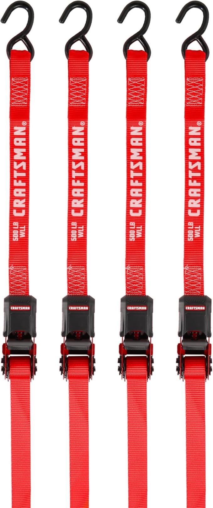 CRAFTSMAN CMXAZBS15004 Black/Red 1" x 12' Ratchet Tie Down Straps - Light/Mid-Weight Duty (1500 lb Break Strength), 4 Pack