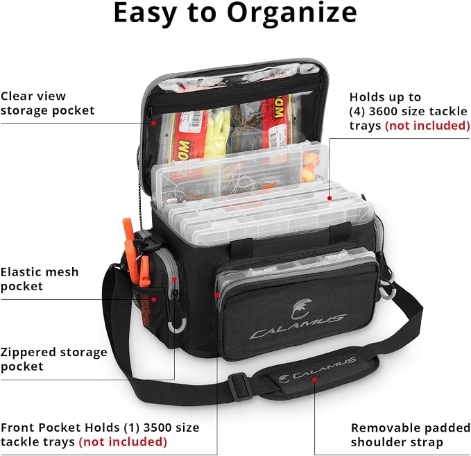 Calamus TB61 Fishing Tackle Bag，Black | Saltwater & Freshwater Fishing Bags, Rip-Stop PE, Padded Shoulder Strap, Pliers Storage, Easy to Organize, Functional Design