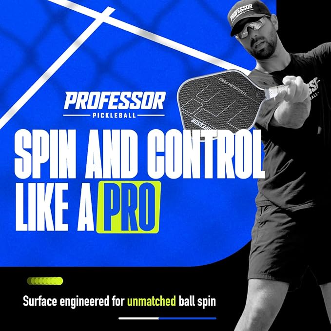 Professor PhD Raw Carbon Fiber Premium Pickleball Paddle Racket - USA Pickleball Approved - Honeycomb Core - Power & Control