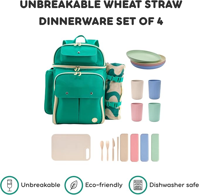 J World Picnic Backpack Cooler for 4. Insulated Picnic Basket Set with Folding Waterproof Blanket. Beach Camping Wedding Engagement Gift for Couples, Green