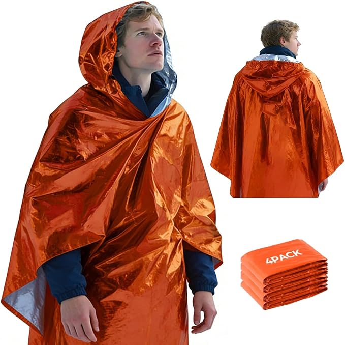 4 Pack Emergency Mylar Blanket Poncho | Waterproof Rain Ponchos | Reusable Packable Poncho | Survival Blanket Poncho for Outdoor Camping & Hiking, Rescue, Car Emergency Kit, Shelter/Tent Cover