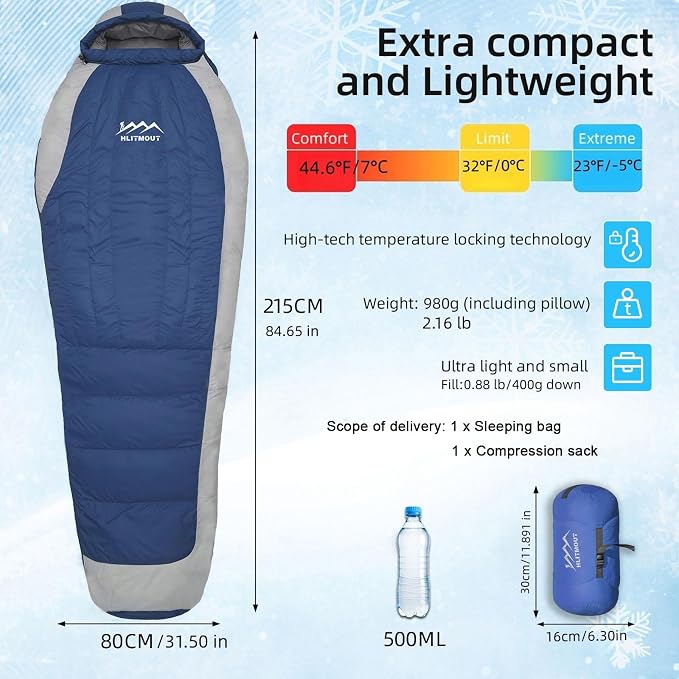 Down Sleeping Bag with Pillow, 0°F 20°F 32°F Regular and XL Compact Lightweight Sleeping Bag for Adults,Teens Backpacking,Camping and Hiking Outdoor